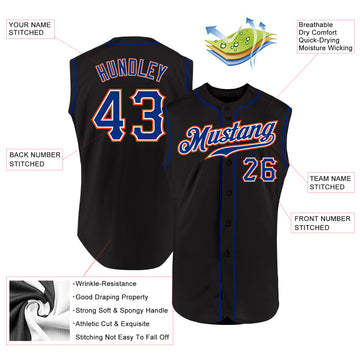 Custom Black Royal-Orange Authentic Sleeveless Baseball Jersey