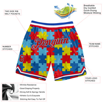 Custom Black Red-Royal 3D Pattern Design Autism Awareness Puzzle Pieces Authentic Basketball Shorts