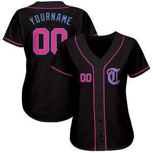 Custom Black Pink-Light Blue Authentic Baseball Jersey