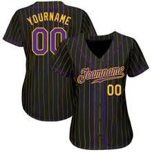 Load image into Gallery viewer, Custom Black Gold Pinstripe Purple-Gold Authentic Baseball Jersey
