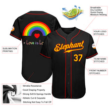 Load image into Gallery viewer, Custom Black Gold-Red Rainbow For Pride Month Love Is Love LGBT Authentic Baseball Jersey
