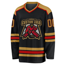 Load image into Gallery viewer, Custom Black Old Gold-Red Hockey Jersey
