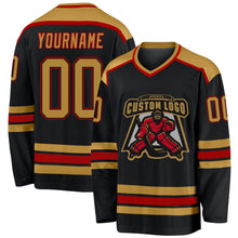 Load image into Gallery viewer, Custom Black Old Gold-Red Hockey Jersey
