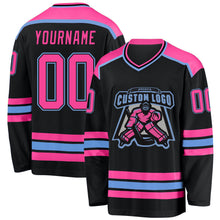 Load image into Gallery viewer, Custom Black Pink-Light Blue Hockey Jersey
