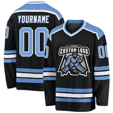 Load image into Gallery viewer, Custom Black Light Blue-White Hockey Jersey
