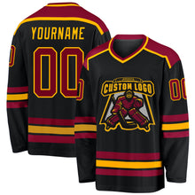 Load image into Gallery viewer, Custom Black Maroon-Gold Hockey Jersey
