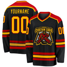 Load image into Gallery viewer, Custom Black Gold-Red Hockey Jersey
