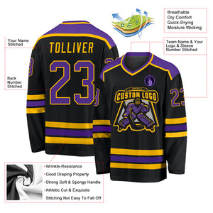 Custom Black Purple-Gold Hockey Jersey