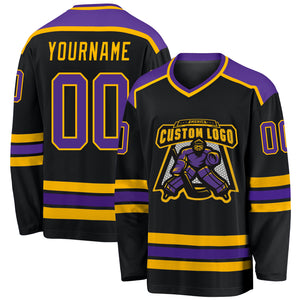 Custom Black Purple-Gold Hockey Jersey