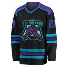 Load image into Gallery viewer, Custom Black Purple-Teal Hockey Jersey
