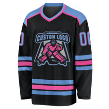 Load image into Gallery viewer, Custom Black Light Blue-Pink Hockey Jersey
