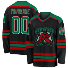 Load image into Gallery viewer, Custom Black Kelly Green White-Red Hockey Jersey
