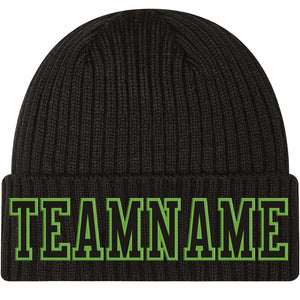 Custom Black Black-Neon Green Stitched Cuffed Knit Hat