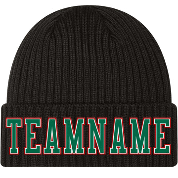 Custom Black Kelly Green White-Red Stitched Cuffed Knit Hat