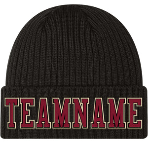 Custom Black Crimson-Cream Stitched Cuffed Knit Hat