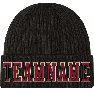 Custom Black Crimson-Cream Stitched Cuffed Knit Hat