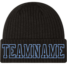 Load image into Gallery viewer, Custom Black Black-Light Blue Stitched Cuffed Knit Hat
