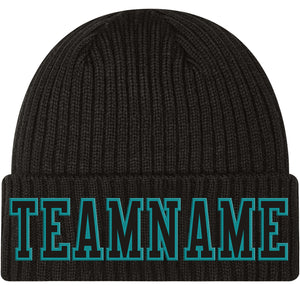 Custom Black Black-Aqua Stitched Cuffed Knit Hat