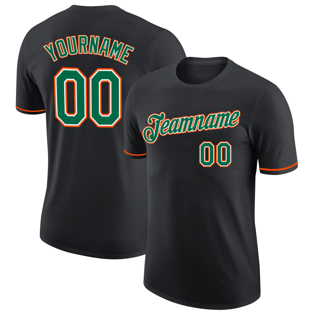 Custom Black Kelly Green-Orange Performance T-Shirt