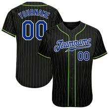 Load image into Gallery viewer, Custom Black Neon Green Pinstripe Royal-White Authentic Baseball Jersey
