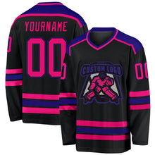Load image into Gallery viewer, Custom Black Hot Pink-Purple Hockey Jersey

