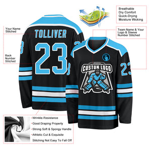 Custom Black Sky Blue-White Hockey Jersey