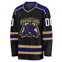 Load image into Gallery viewer, Custom Black White Old Gold-Purple Hockey Jersey
