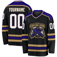 Load image into Gallery viewer, Custom Black White Old Gold-Dark Purple Hockey Jersey
