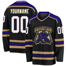 Load image into Gallery viewer, Custom Black White Old Gold-Purple Hockey Jersey

