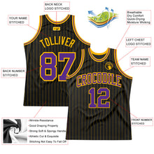 Load image into Gallery viewer, Custom Black Gold Pinstripe Purple-Gold Authentic Basketball Jersey
