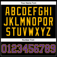 Load image into Gallery viewer, Custom Black Gold Pinstripe Purple-Gold Authentic Basketball Jersey
