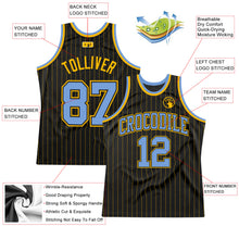 Load image into Gallery viewer, Custom Black Gold Pinstripe Light Blue-Gold Authentic Basketball Jersey
