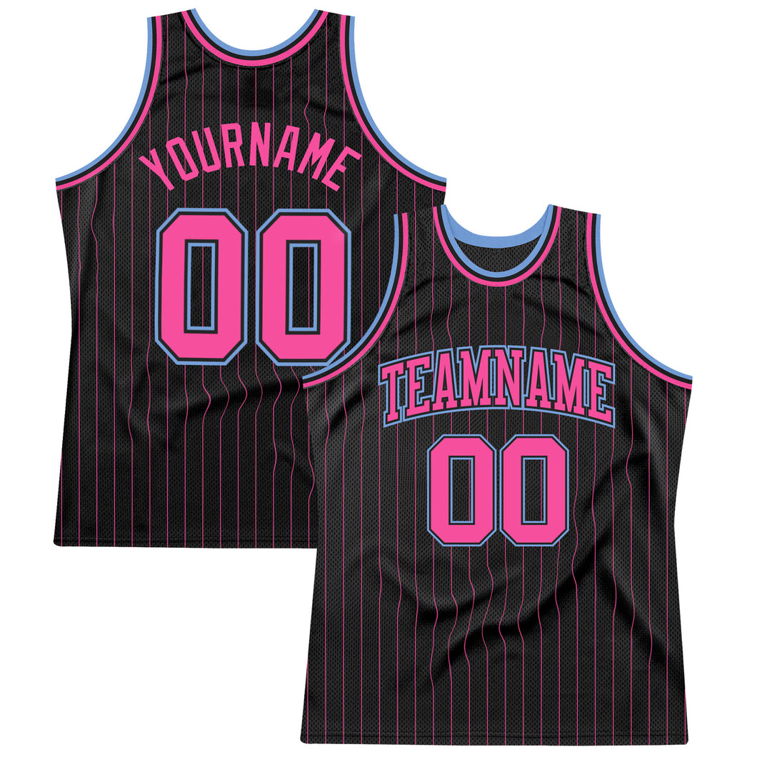 Custom Black Pink Pinstripe Pink-Light Blue Authentic Basketball Jersey