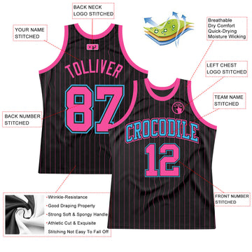 Custom Black Pink Pinstripe Pink-Sky Blue Authentic Basketball Jersey