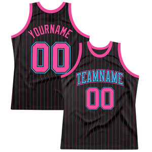Custom Black Pink Pinstripe Pink-Sky Blue Authentic Basketball Jersey
