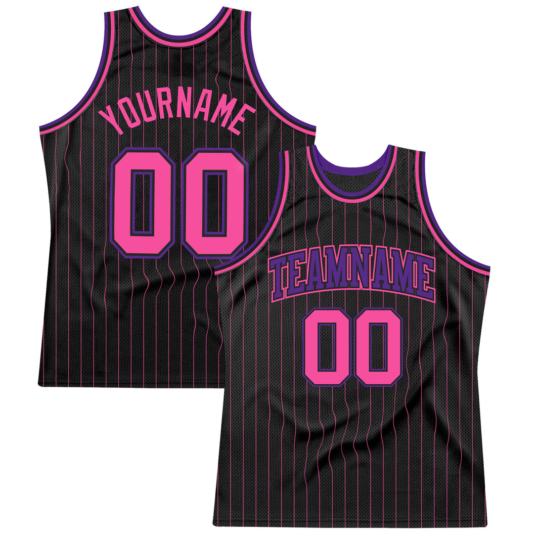Custom Black Pink Pinstripe Pink-Purple Authentic Basketball Jersey