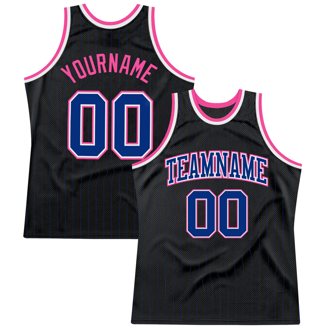 Custom Black Royal Pinstripe Royal-Pink Authentic Basketball Jersey