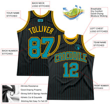 Load image into Gallery viewer, Custom Black Teal Pinstripe Teal-Gold Authentic Basketball Jersey
