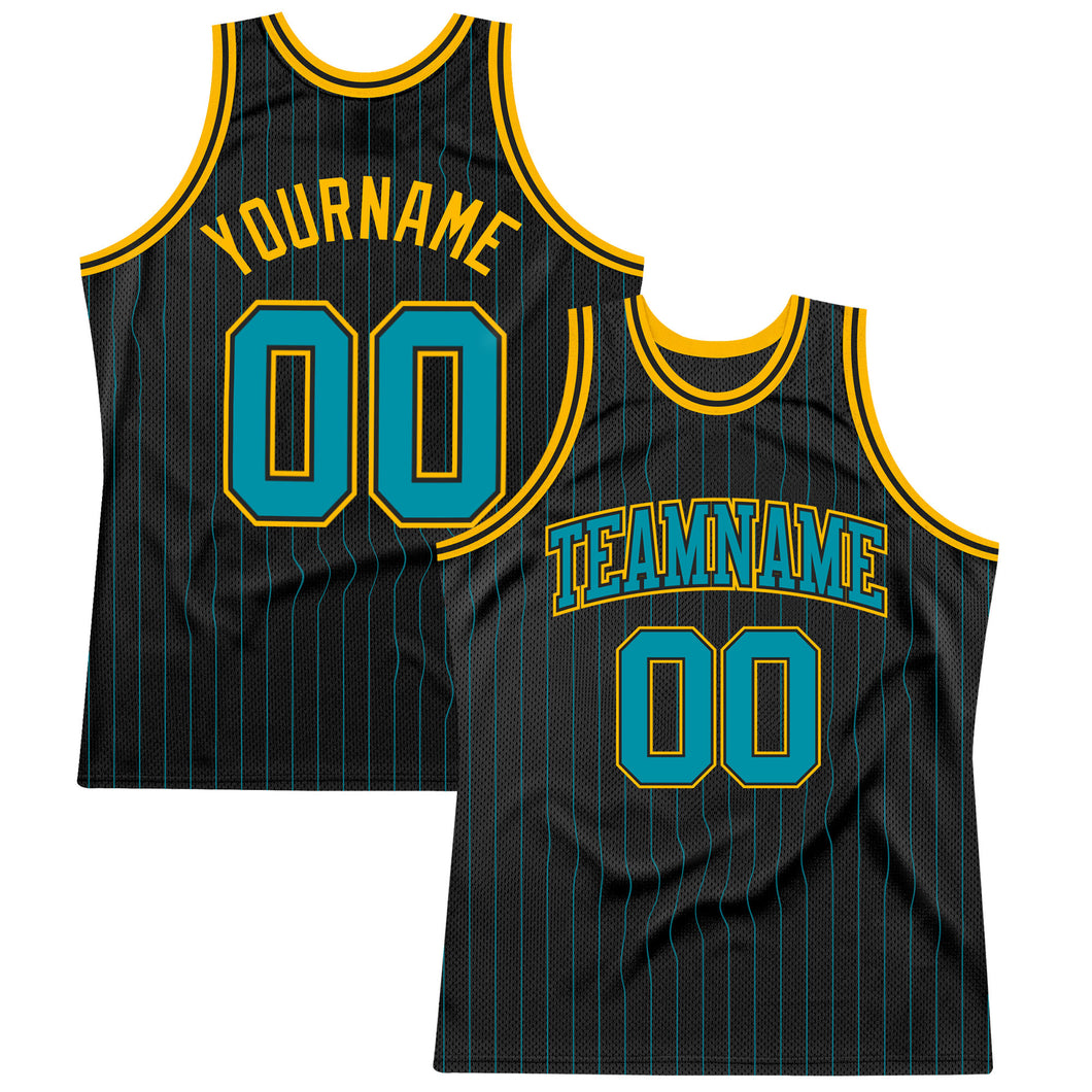 Custom Black Teal Pinstripe Teal-Gold Authentic Basketball Jersey
