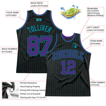 Custom Black Teal Pinstripe Purple-Teal Authentic Basketball Jersey