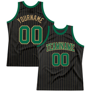 Custom Black Old Gold Pinstripe Kelly Green-Old Gold Authentic Basketball Jersey