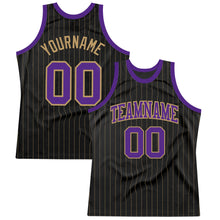 Load image into Gallery viewer, Custom Black Old Gold Pinstripe Purple-Old Gold Authentic Basketball Jersey
