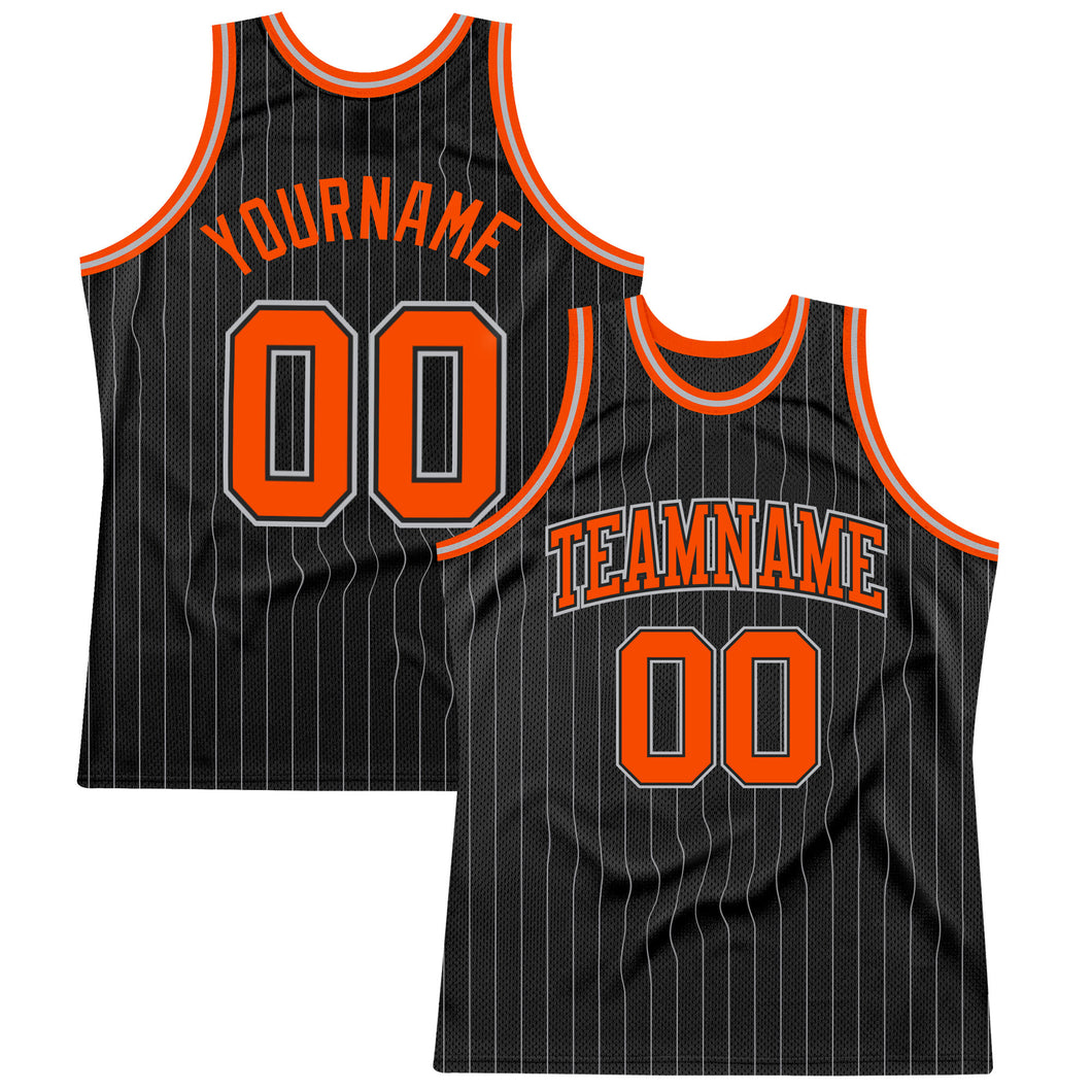 Custom Black Gray Pinstripe Orange-Gray Authentic Basketball Jersey