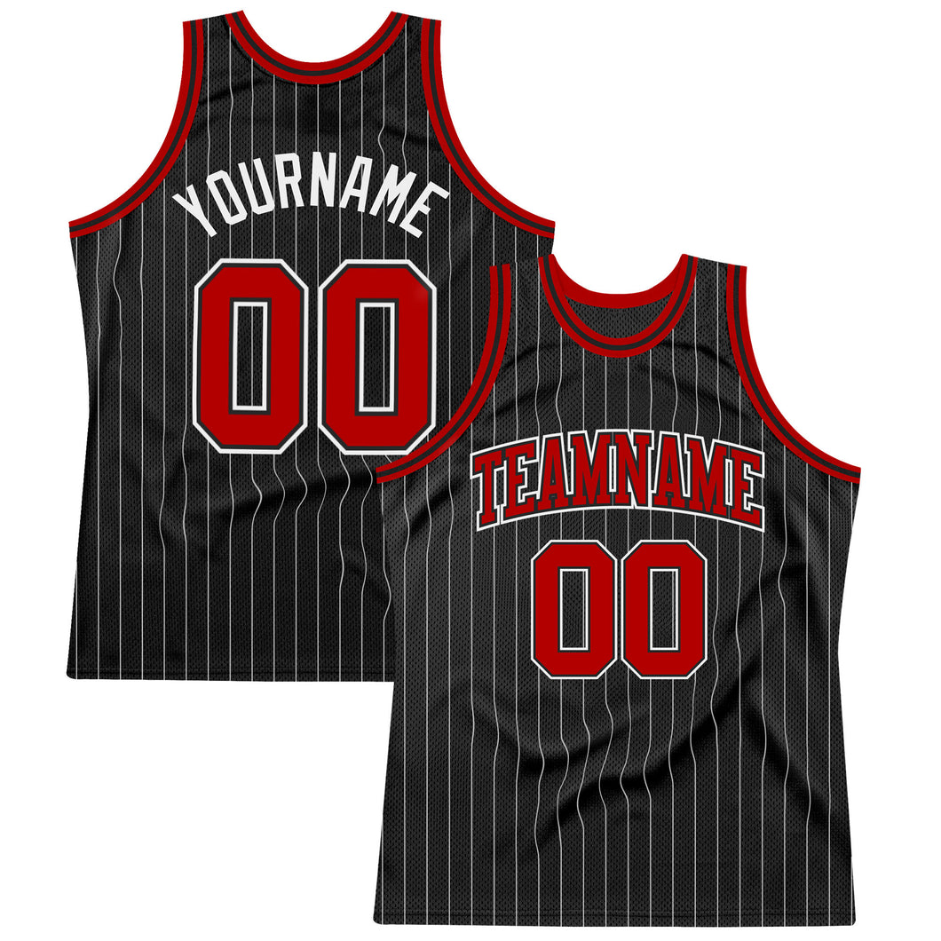 Custom Black White Pinstripe Red-White Authentic Basketball Jersey