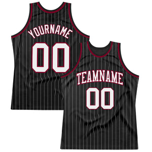 Custom Black White Pinstripe White-Maroon Authentic Basketball Jersey