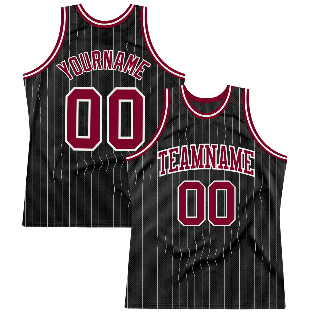 Custom Black White Pinstripe Maroon-White Authentic Basketball Jersey