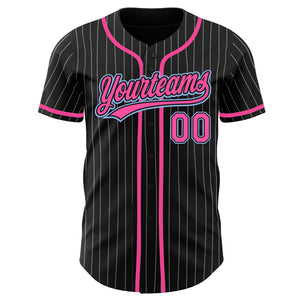 Custom Black White Pinstripe Pink-Light Blue Authentic Baseball Jersey
