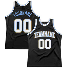 Load image into Gallery viewer, Custom Black White Light Blue-Old Gold Authentic Throwback Basketball Jersey
