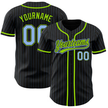 Load image into Gallery viewer, Custom Black Light Blue Pinstripe Light Blue-Neon Green Authentic Baseball Jersey
