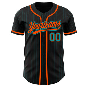Custom Black Teal Pinstripe Teal-Orange Authentic Baseball Jersey